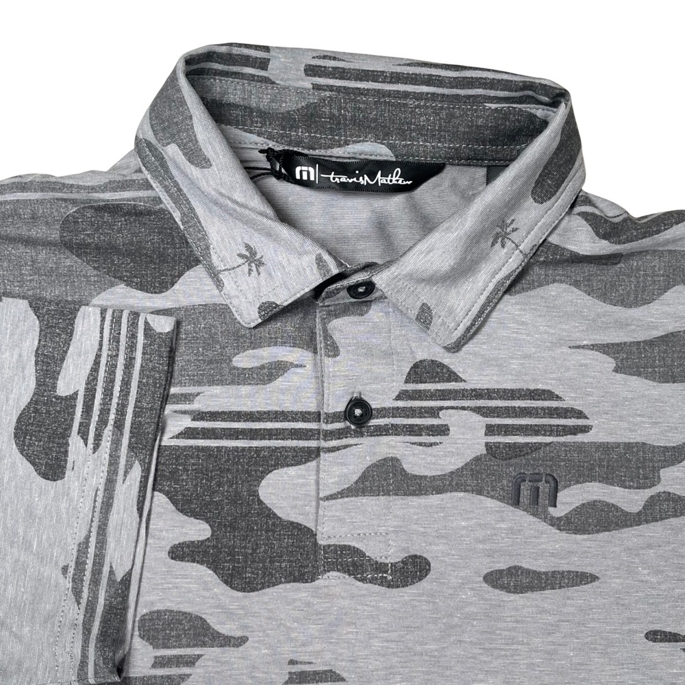 New Travis Mathew Polo Shirt Kids Medium Gray Camo Palm Tree Short Sleeve 1BX119